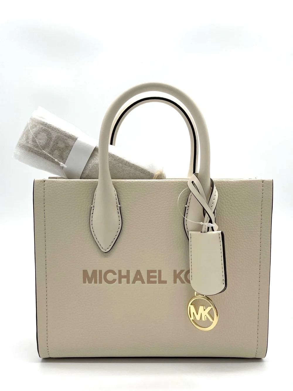 Michael Kors Mirella Light Cream Leather Tote Bag with Gold MK Charm
